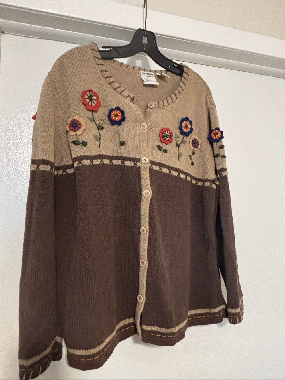 CJ Banks Brown and Tan Floral Appliqué Button Cardigan - Picture 2 of 13